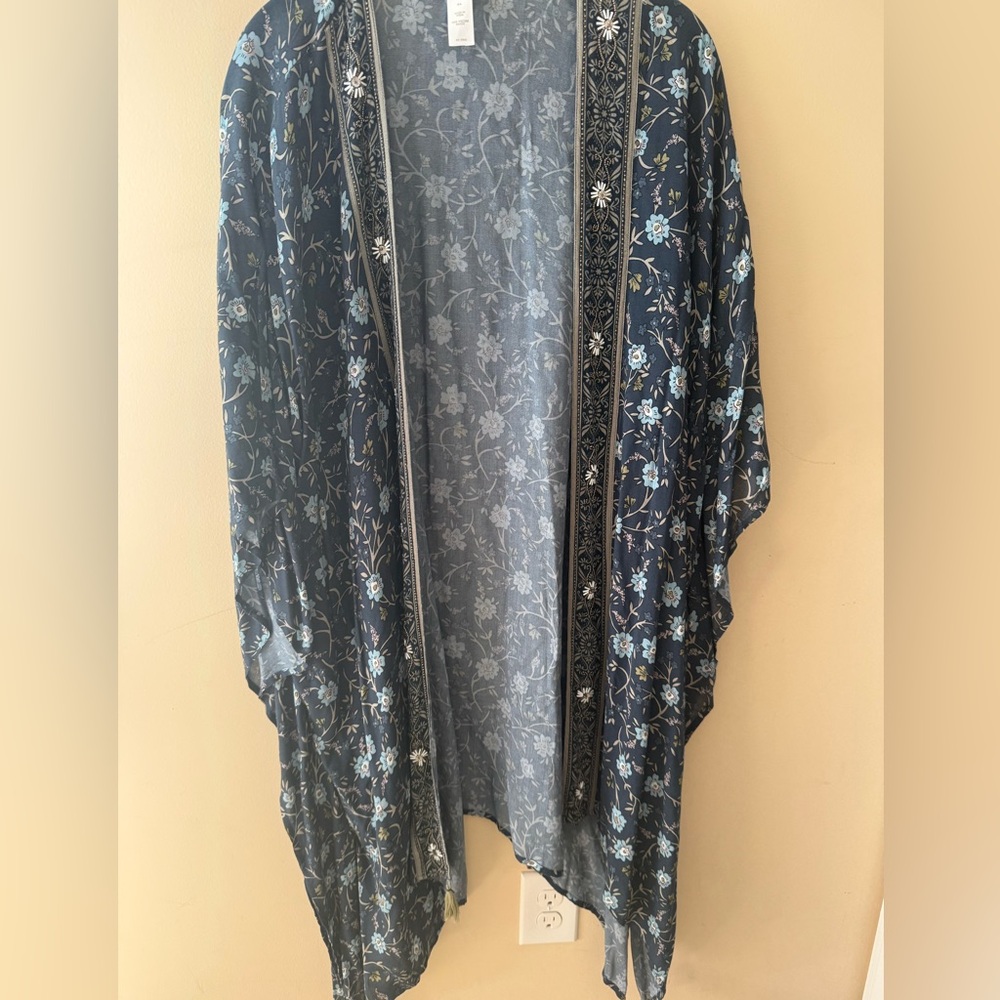 J Jill Kimono Style Topper Beaded Trim Navy Boho Size S M L